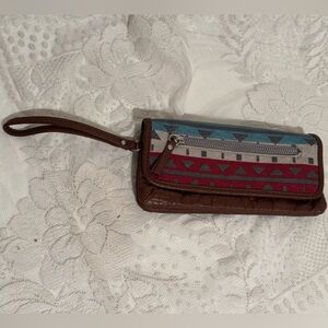 Western Style Aeropostale Clutch Wristlet Fabric Faux Brown Leather